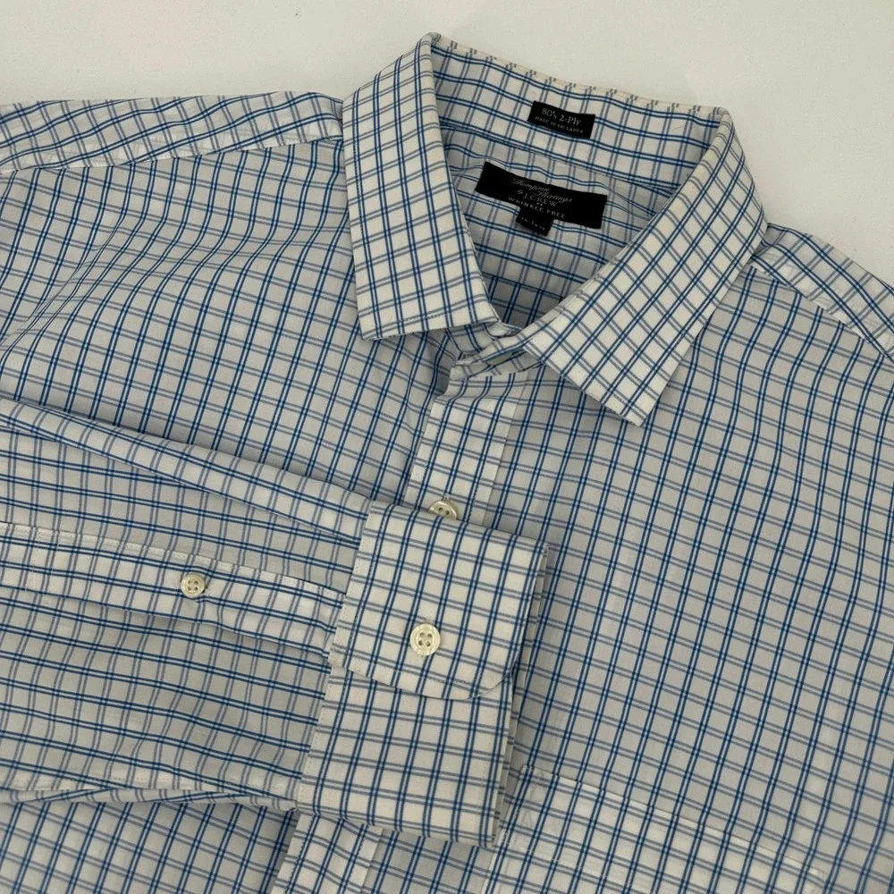 J Crew Thompson Dress Shirt Mens Large Blue White Check Wrinkle 80's 2 Ply Large